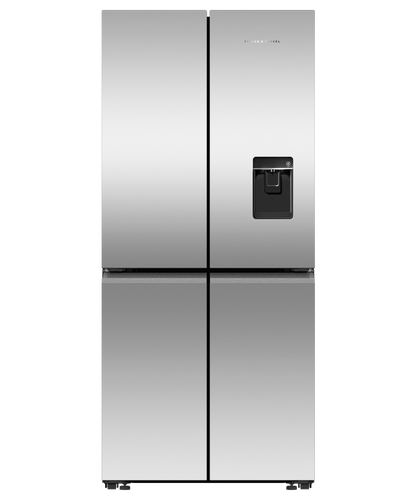 Fisher & Paykel 498L quad door refrigerator freezer with slim external water dispenser, automatic ice maker, and stainless steel finish.