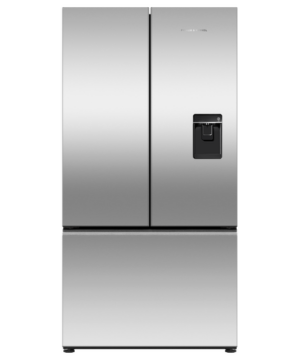 Fisher & Paykel 569L French door refrigerator freezer with slim water dispenser, automatic ice maker, and stainless steel finish.