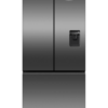 Fisher & Paykel 569L French door refrigerator freezer with slim water dispenser, automatic ice maker, and black steel finish.