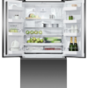 Fisher & Paykel 569L French door refrigerator freezer with slim water dispenser, automatic ice maker, and black steel finish.