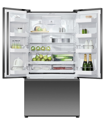 Fisher & Paykel 569L French door refrigerator freezer with slim water dispenser, automatic ice maker, and black steel finish.