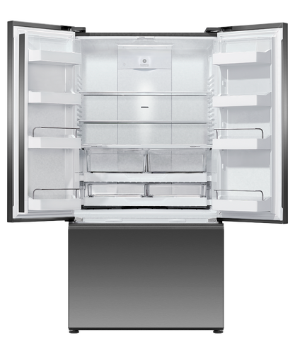 Fisher & Paykel 569L French door refrigerator freezer with slim water dispenser, automatic ice maker, and black steel finish.