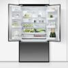 Fisher & Paykel 569L French door refrigerator freezer with slim water dispenser, automatic ice maker, and black steel finish.