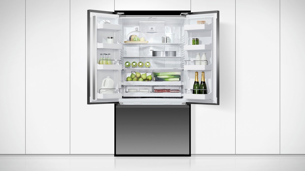 Fisher & Paykel 569L French door refrigerator freezer with slim water dispenser, automatic ice maker, and black steel finish.