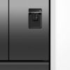 Fisher & Paykel 569L French door refrigerator freezer with slim water dispenser, automatic ice maker, and black steel finish.