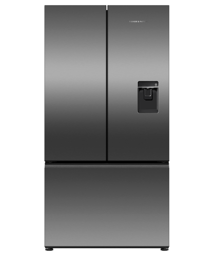 Fisher & Paykel 569L French door refrigerator freezer with slim water dispenser, automatic ice maker, and black steel finish.