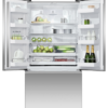 fisher-paykel-569l-french-door-refrigerator-freezer-ice-water-full Fisher & Paykel 569L French door refrigerator freezer with slim water dispenser, automatic ice maker, and stainless steel finish.
