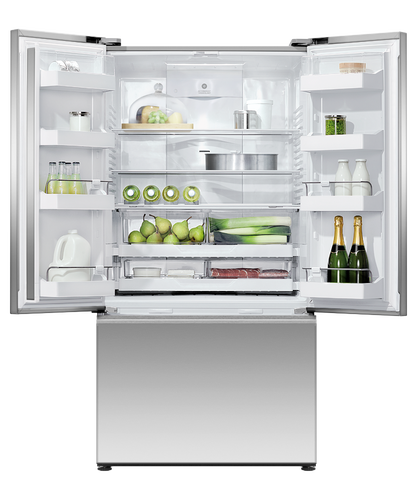 fisher-paykel-569l-french-door-refrigerator-freezer-ice-water-full Fisher & Paykel 569L French door refrigerator freezer with slim water dispenser, automatic ice maker, and stainless steel finish.