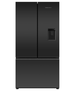 Fisher & Paykel 569L French door refrigerator freezer with slim water dispenser, automatic ice maker, and matte black finish.