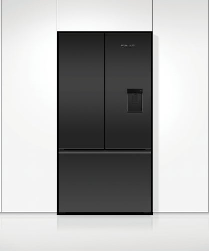 fisher-paykel-569l-french-door-refrigerator-freezer-ice-water-matte-black-closed Fisher & Paykel 569L French door refrigerator freezer with slim water dispenser, automatic ice maker, and matte black finish.