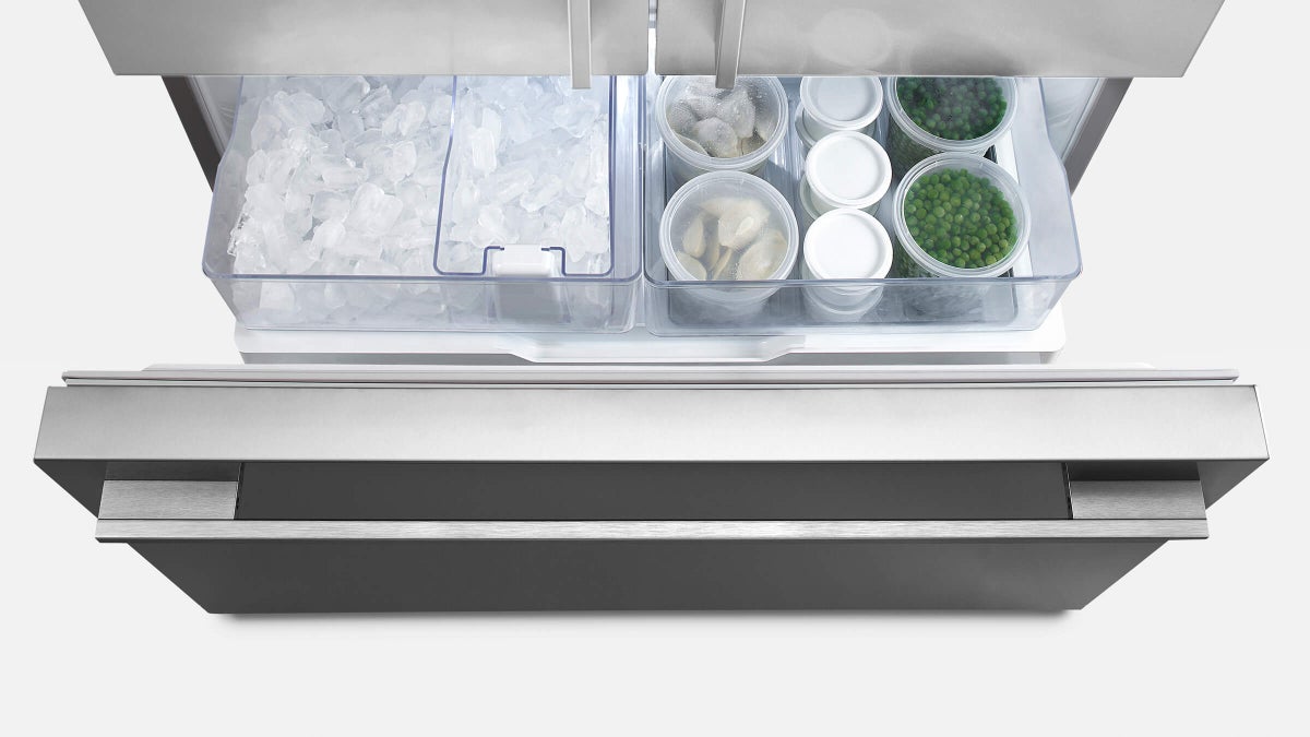 fisher-paykel-569l-french-door-refrigerator-freezer-ice-water-matte-black-freezer Fisher & Paykel 569L French door refrigerator freezer with slim water dispenser, automatic ice maker, and matte black finish.