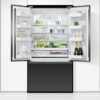 fisher-paykel-569l-french-door-refrigerator-freezer-ice-water-matte-black-full Fisher & Paykel 569L French door refrigerator freezer with slim water dispenser, automatic ice maker, and matte black finish.