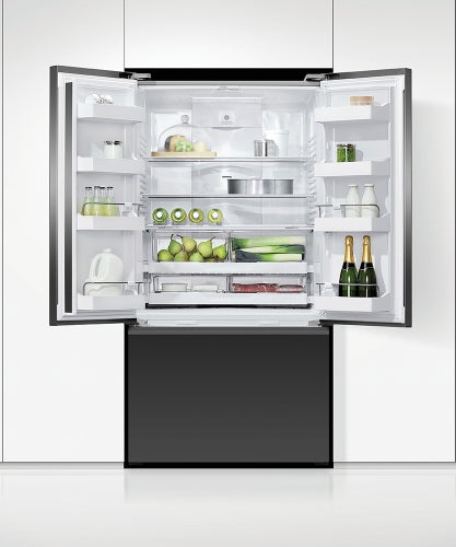 fisher-paykel-569l-french-door-refrigerator-freezer-ice-water-matte-black-full Fisher & Paykel 569L French door refrigerator freezer with slim water dispenser, automatic ice maker, and matte black finish.