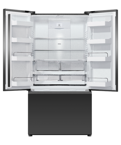 fisher-paykel-569l-french-door-refrigerator-freezer-ice-water-matte-black-open Fisher & Paykel 569L French door refrigerator freezer with slim water dispenser, automatic ice maker, and matte black finish.