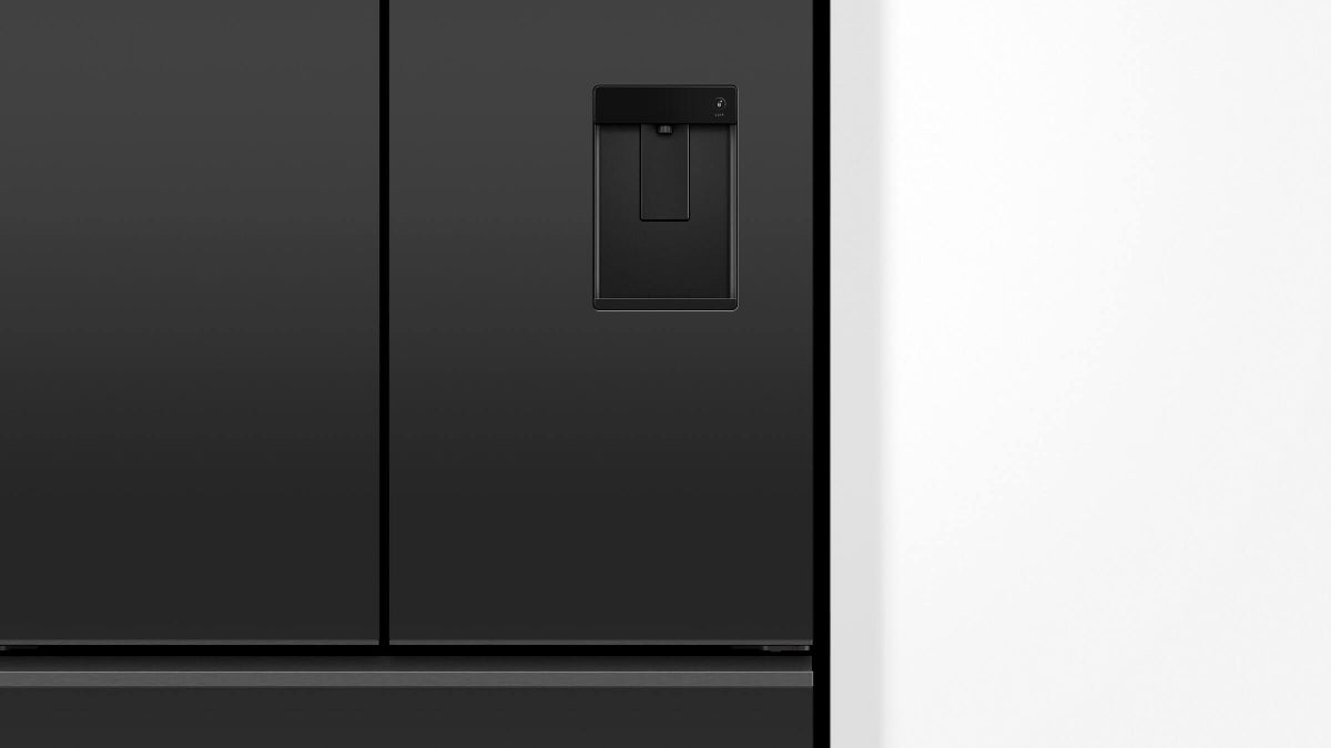 fisher-paykel-569l-french-door-refrigerator-freezer-ice-water-matte-black-zoom Fisher & Paykel 569L French door refrigerator freezer with slim water dispenser, automatic ice maker, and matte black finish.