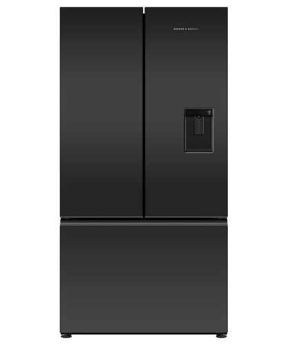 fisher-paykel-569l-french-door-refrigerator-freezer-ice-water-matte-black Fisher & Paykel 569L French door refrigerator freezer with slim water dispenser, automatic ice maker, and matte black finish.