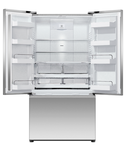 fisher-paykel-569l-french-door-refrigerator-freezer-ice-water-open Fisher & Paykel 569L French door refrigerator freezer with slim water dispenser, automatic ice maker, and stainless steel finish.