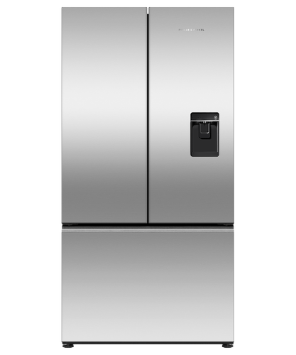 fisher-paykel-569l-french-door-refrigerator-freezer-ice-water Fisher & Paykel 569L French door refrigerator freezer with slim water dispenser, automatic ice maker, and stainless steel finish.