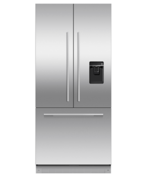 Fisher & Paykel 80cm integrated French door refrigerator freezer with automatic ice maker, slim water dispenser, and panel-ready design.