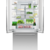 Fisher & Paykel 80cm integrated French door refrigerator freezer with automatic ice maker, slim water dispenser, and panel-ready design.