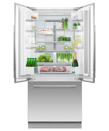 Fisher & Paykel 80cm integrated French door refrigerator freezer with automatic ice maker, slim water dispenser, and panel-ready design.