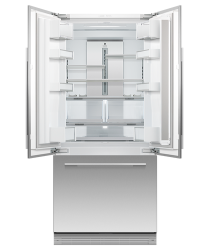 Fisher & Paykel 80cm integrated French door refrigerator freezer with automatic ice maker, slim water dispenser, and panel-ready design.