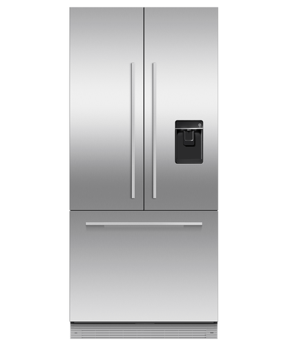 Fisher & Paykel 80cm integrated French door refrigerator freezer with automatic ice maker, slim water dispenser, and panel-ready design.