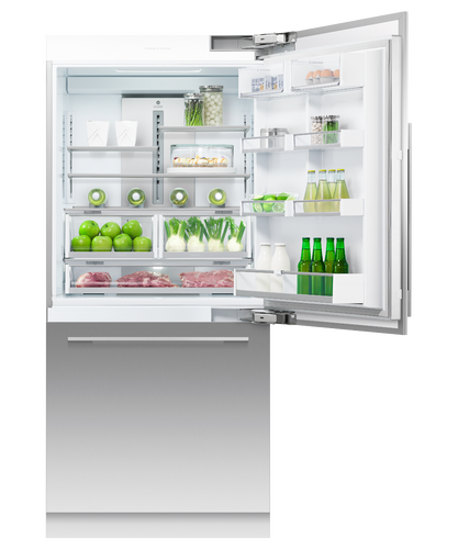 fisher-paykel-91cm-integrated-refrigerator-freezer-with-ice-open-2 Fisher & Paykel 91cm integrated refrigerator freezer with automatic ice maker, panel-ready design, and bottom freezer drawer for modern kitchens.