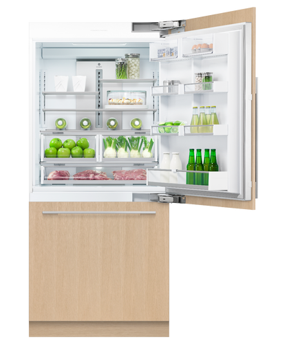 fisher-paykel-91cm-integrated-refrigerator-freezer-with-ice-open Fisher & Paykel 91cm integrated refrigerator freezer with automatic ice maker, panel-ready design, and bottom freezer drawer for modern kitchens.