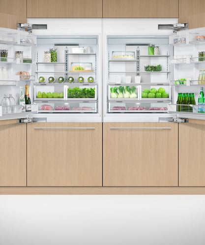fisher-paykel-91cm-integrated-refrigerator-freezer-with-ice-unit-contents Fisher & Paykel 91cm integrated refrigerator freezer with automatic ice maker, panel-ready design, and bottom freezer drawer for modern kitchens.