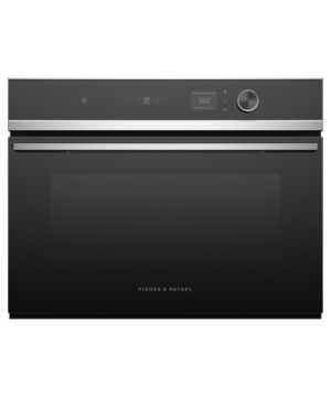 Fisher & Paykel contemporary compact combi microwave oven with convection cooking, touchscreen controls, and sleek black glass finish.