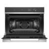 fisher-paykel-contemporary-compact-combi-microwave-oven-open Fisher & Paykel contemporary compact combi microwave oven with convection cooking, touchscreen controls, and sleek black glass finish.