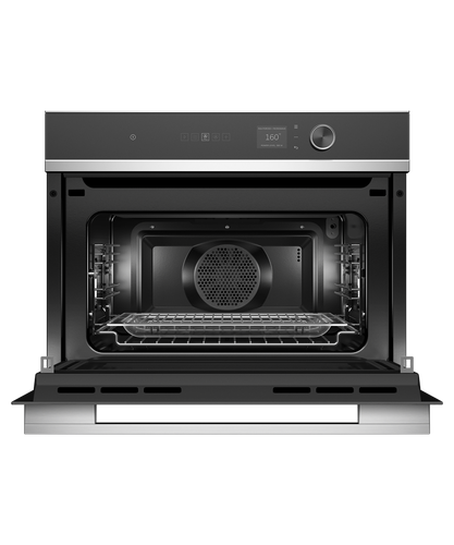 fisher-paykel-contemporary-compact-combi-microwave-oven-open Fisher & Paykel contemporary compact combi microwave oven with convection cooking, touchscreen controls, and sleek black glass finish.