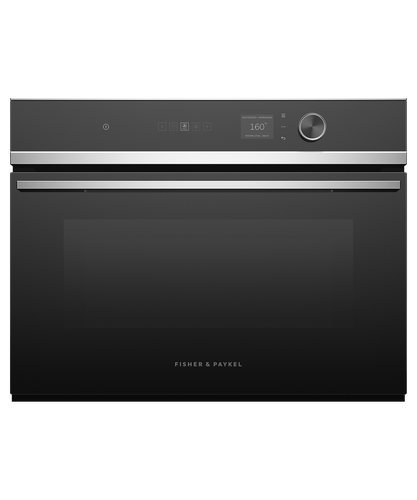 fisher-paykel-contemporary-compact-combi-microwave-oven Fisher & Paykel contemporary compact combi microwave oven with convection cooking, touchscreen controls, and sleek black glass finish.