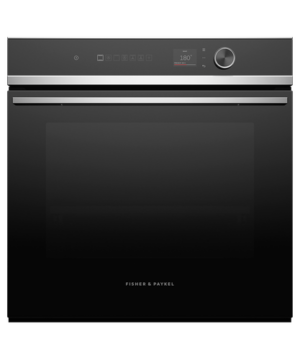 Fisher & Paykel contemporary oven with 16 cooking functions, touchscreen controls, and a sleek black glass finish.