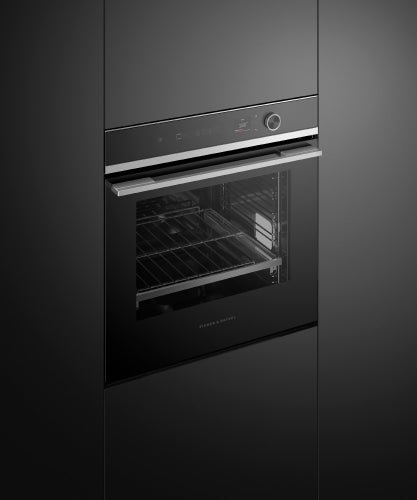 fisher-paykel-contemporary-oven-16-function-angle Fisher & Paykel contemporary oven with 16 cooking functions, touchscreen controls, and a sleek black glass finish.