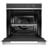 fisher-paykel-contemporary-oven-16-function-open Fisher & Paykel contemporary oven with 16 cooking functions, touchscreen controls, and a sleek black glass finish.