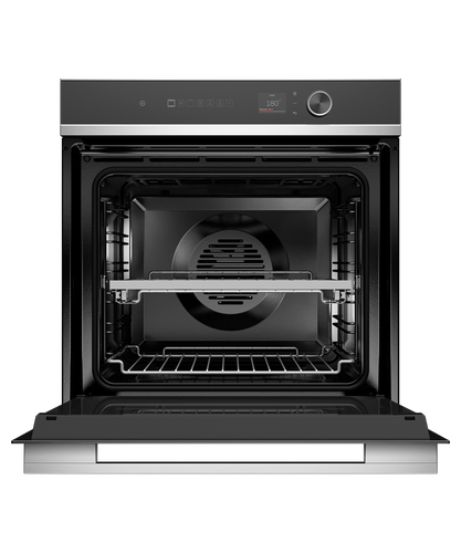 fisher-paykel-contemporary-oven-16-function-open Fisher & Paykel contemporary oven with 16 cooking functions, touchscreen controls, and a sleek black glass finish.