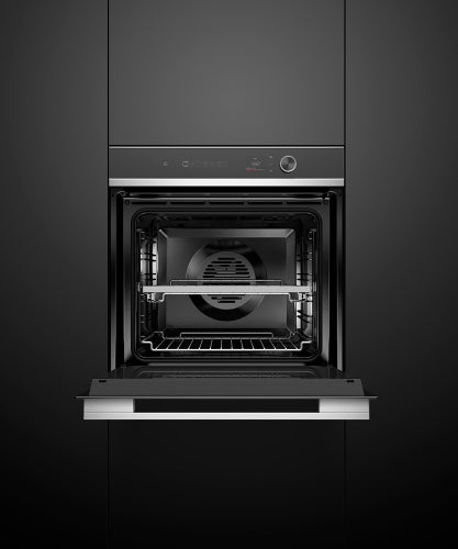 fisher-paykel-contemporary-oven-16-function-unit-open Fisher & Paykel contemporary oven with 16 cooking functions, touchscreen controls, and a sleek black glass finish.