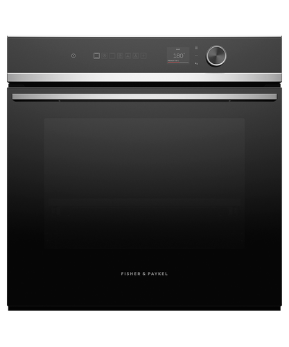 fisher-paykel-contemporary-oven-16-function Fisher & Paykel contemporary oven with 16 cooking functions, touchscreen controls, and a sleek black glass finish.