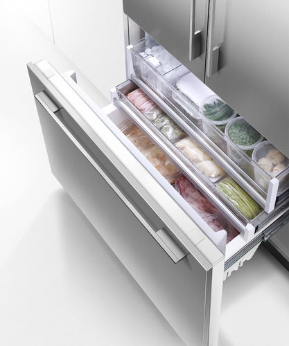 fisher-paykel-integrated-french-door-refrigerator-freezer-ice-water-freezer Fisher & Paykel integrated French door refrigerator freezer with automatic ice maker, internal water dispenser, and panel-ready design for modern kitchens.