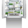 fisher-paykel-integrated-french-door-refrigerator-freezer-ice-water-open Fisher & Paykel integrated French door refrigerator freezer with automatic ice maker, internal water dispenser, and panel-ready design for modern kitchens.