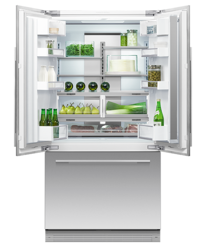 fisher-paykel-integrated-french-door-refrigerator-freezer-ice-water-open Fisher & Paykel integrated French door refrigerator freezer with automatic ice maker, internal water dispenser, and panel-ready design for modern kitchens.