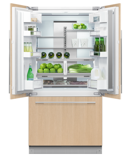 fisher-paykel-integrated-french-door-refrigerator-freezer-open Fisher & Paykel integrated French door refrigerator freezer with panel-ready design, bottom freezer drawer, and flexible food storage for modern kitchens.