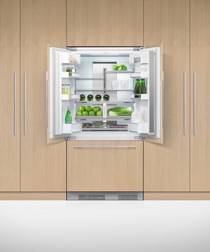 fisher-paykel-integrated-french-door-refrigerator-freezer-unit-open Fisher & Paykel integrated French door refrigerator freezer with panel-ready design, bottom freezer drawer, and flexible food storage for modern kitchens.