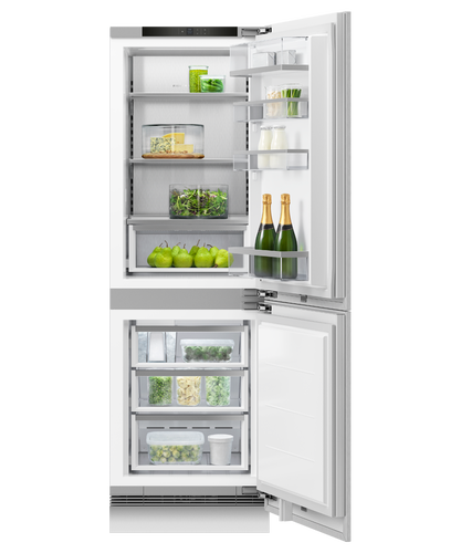 fisher-paykel-integrated-refrigerator-freezer-ice-water-open-full Fisher & Paykel integrated refrigerator freezer with panel-ready design, internal water dispenser, automatic ice maker, and flexible food storage.