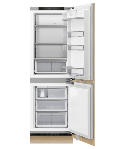 fisher-paykel-integrated-refrigerator-freezer-ice-water-open Fisher & Paykel integrated refrigerator freezer with panel-ready design, internal water dispenser, automatic ice maker, and flexible food storage.