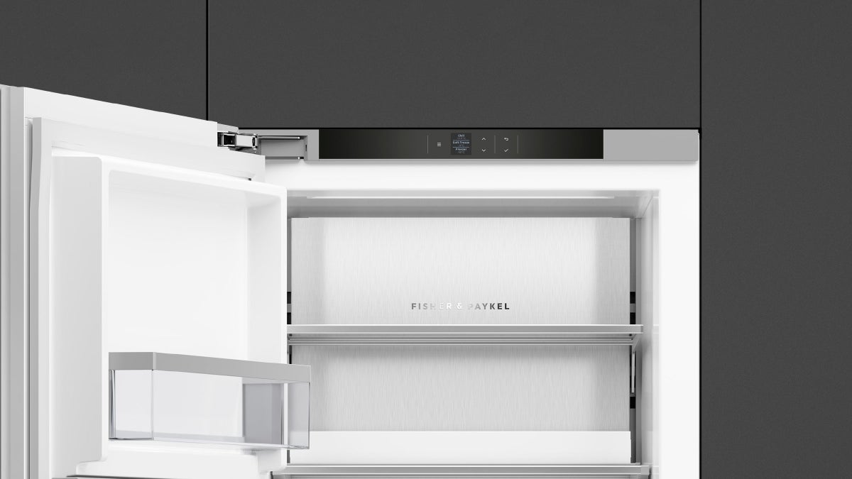 fisher-paykel-integrated-triple-zone-freezer-close-up Fisher & Paykel integrated triple zone freezer with panel-ready design, automatic ice maker, and flexible temperature zones for modern kitchens.