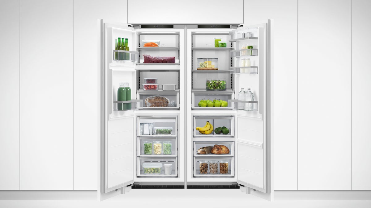 fisher-paykel-integrated-triple-zone-refrigerator-double-doors Fisher & Paykel integrated triple zone refrigerator with panel-ready design, internal water dispenser, and flexible food storage for modern kitchens.