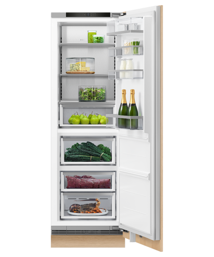 fisher-paykel-integrated-triple-zone-refrigerator-open Fisher & Paykel integrated triple zone refrigerator with panel-ready design, internal water dispenser, and flexible food storage for modern kitchens.